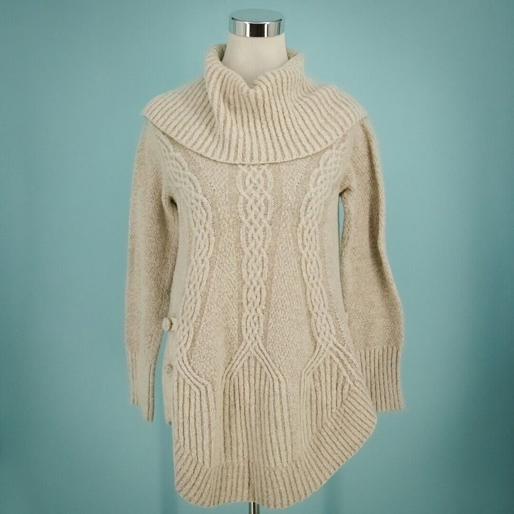Angel of the North Anthro Size Small S Ivory Cabled Boucle Cowl Wool Sweater